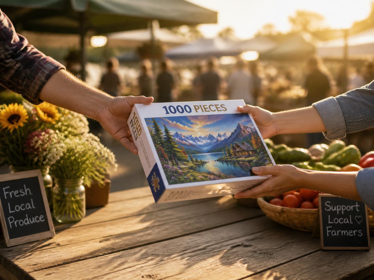 Two people exchanging a 1000-piece jigsaw puzzle at a sunlit table